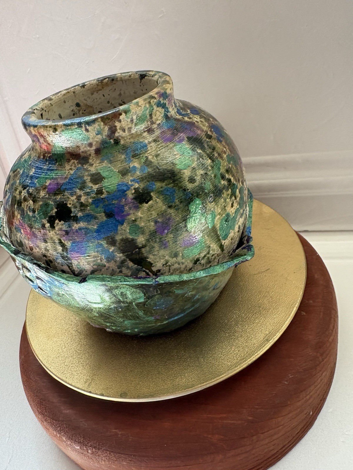 Raku Fired Vase W iridescent Blue Green & Purple Metallic Glazes 5 In T 6 In D