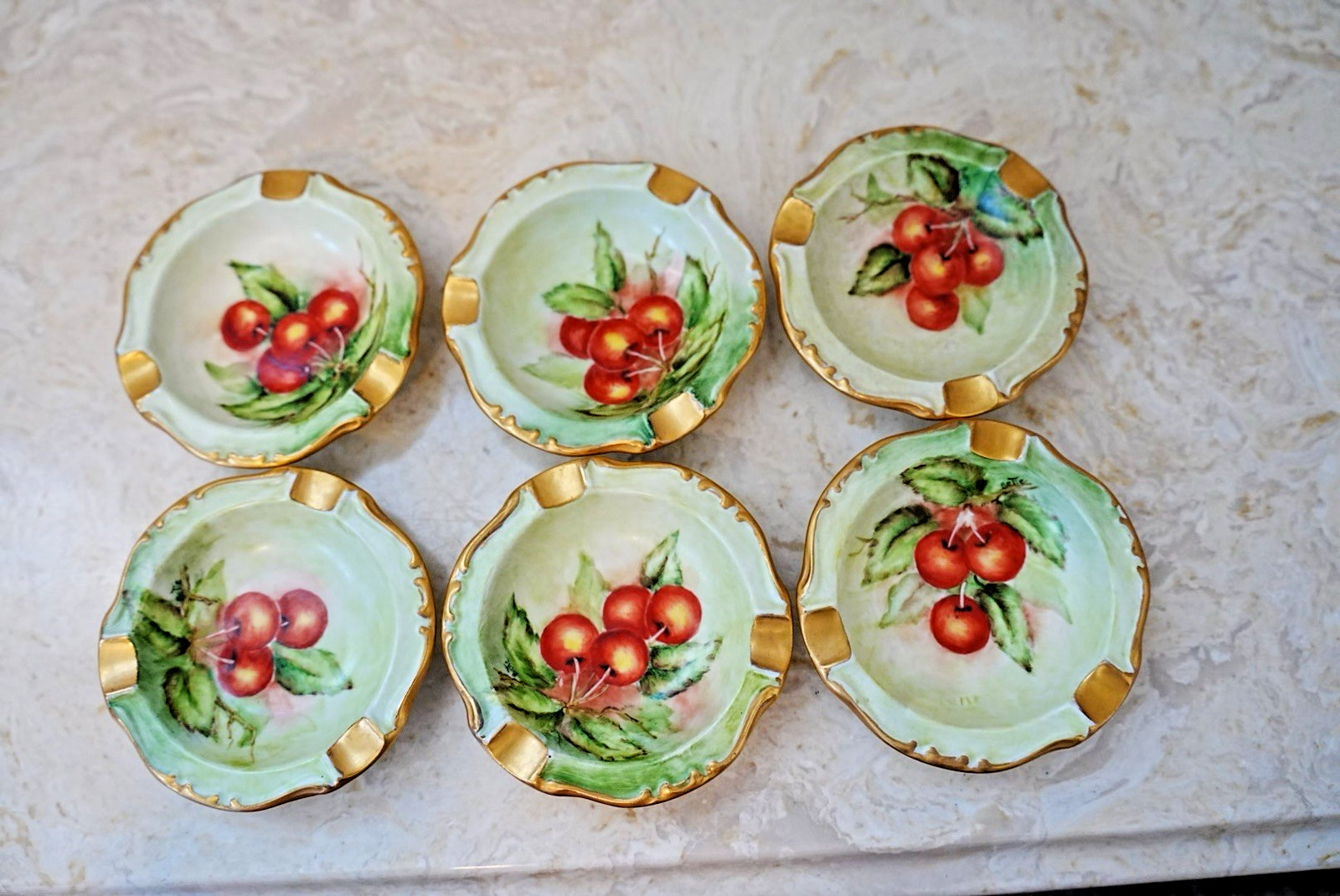 Vintage RS Germany Porcelain Ashtray Set (6) Hand Painted Cherries Gold Trim