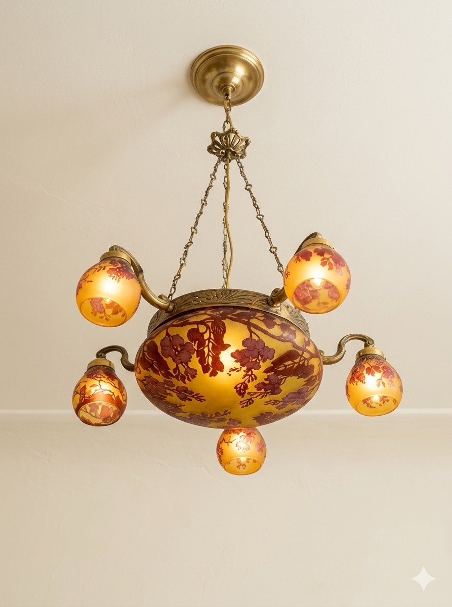 Vintage Acid Etched Cameo Glass Galle Style Hand Made Chandelier