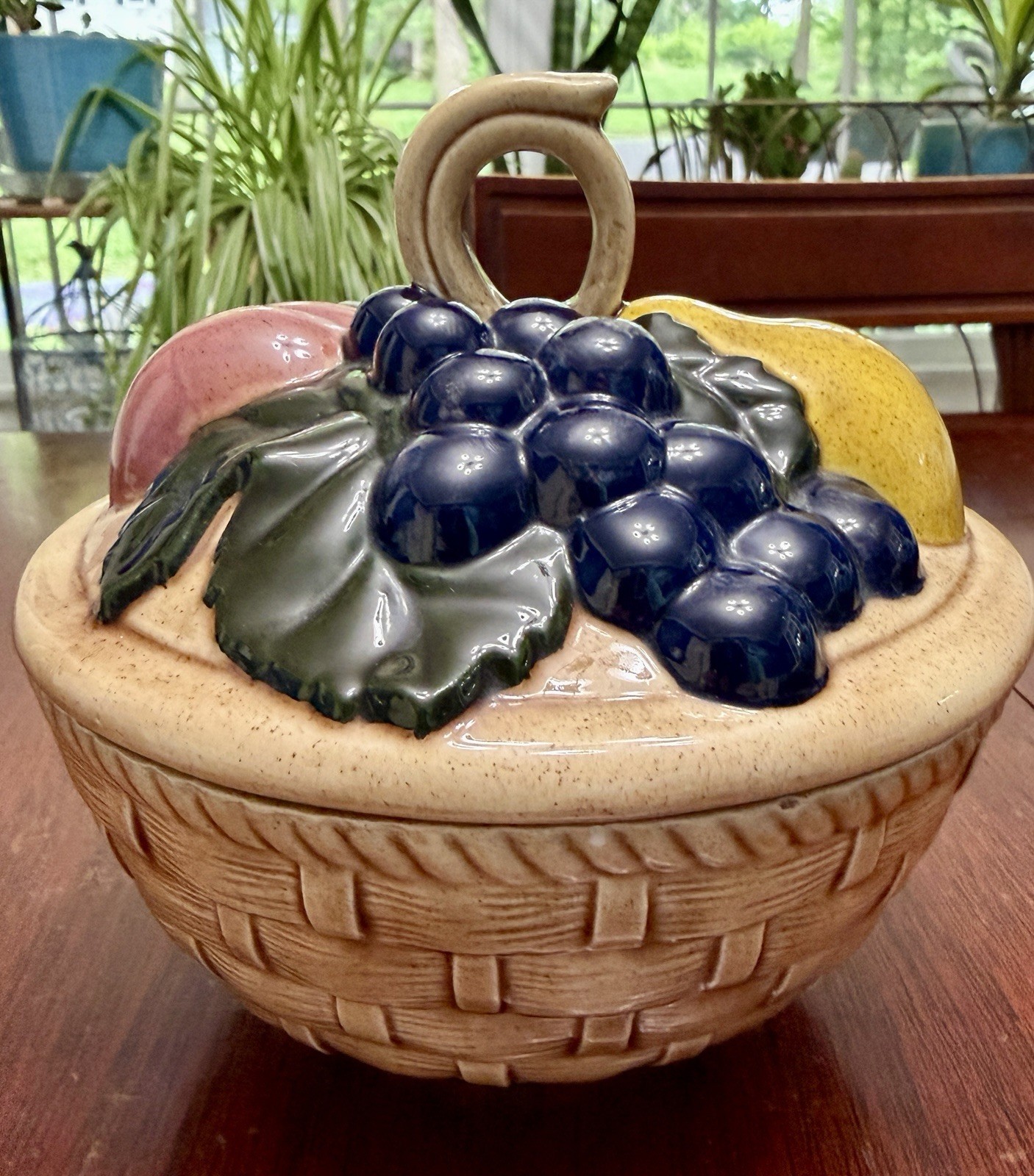 1960’s Vintage Ceramic Fruit Basket With Lid Round Candy Dish Kitchen Decor