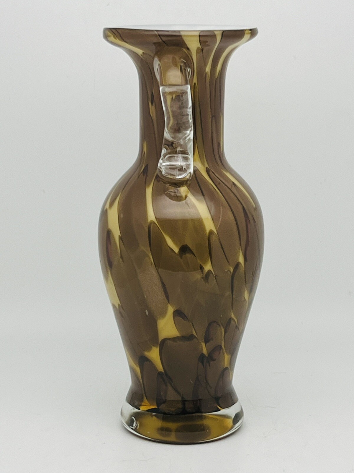 Burton+Burton Hand Blown Splatter Glass Vase Applied Clear Handles Copper Accent