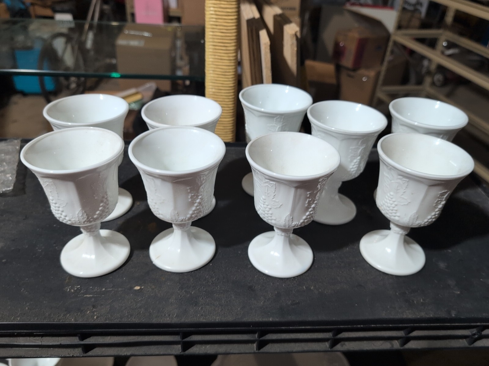 Vintage Milk Glass, Stemmed Goblets, Harvest Colony Grape, 5.25 X 3.50 Set 9