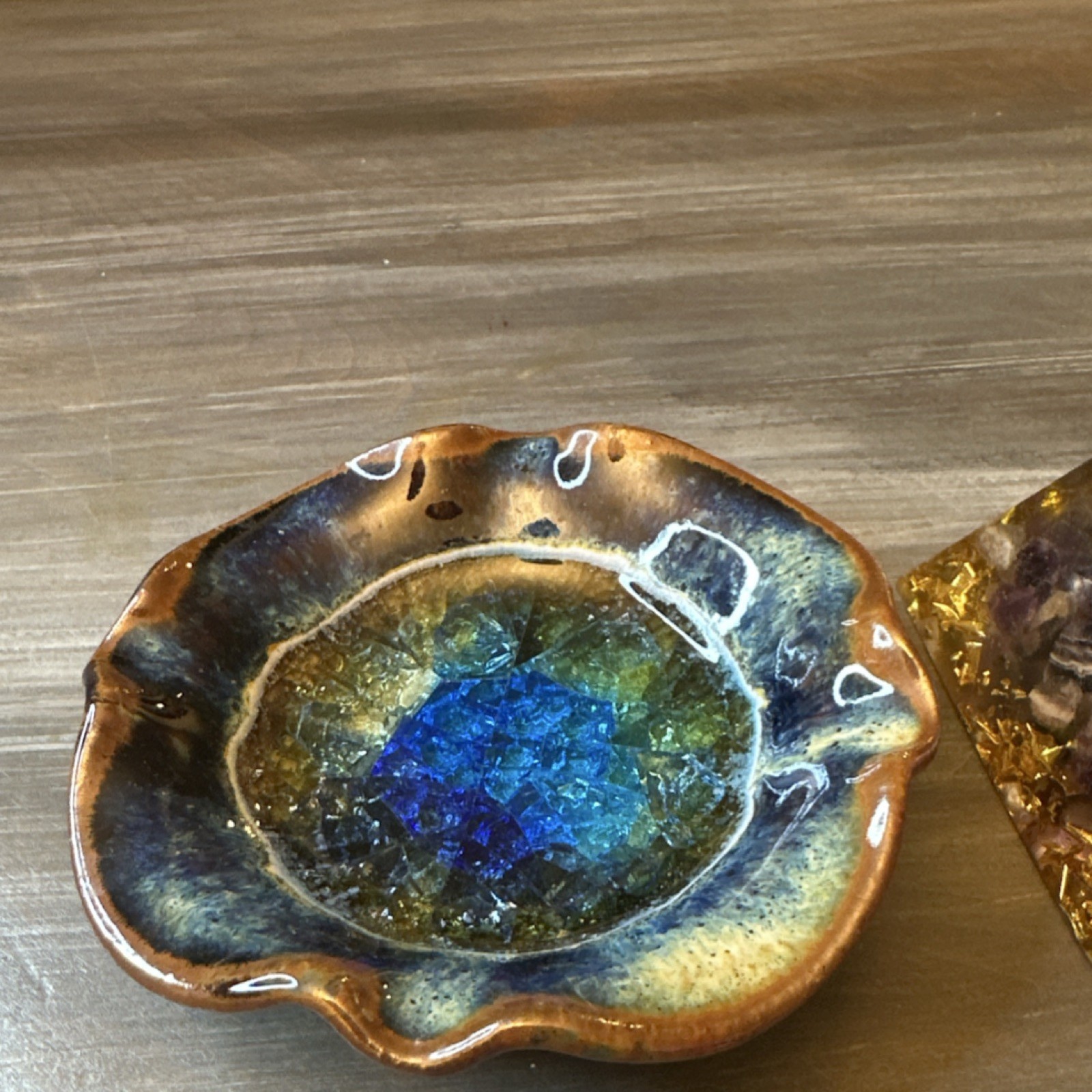 Decorative Art Pottery Ceramic Round Ashtray, Blue & Brown Glossy Glaze