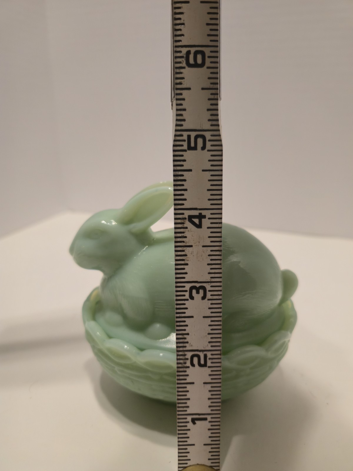 Mosser? Jade Glass Bunny on Basket Nest JADEITE Easter Spring Rabbit Vintage