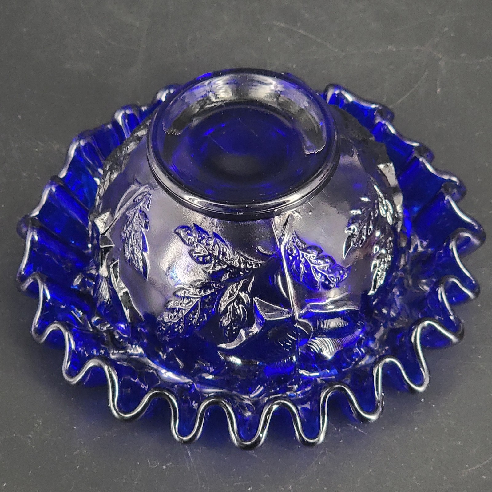 LG Wright Fairy Lamp Embossed Rose Cobalt Blue Glass Ruffled Edge BASE ONLY