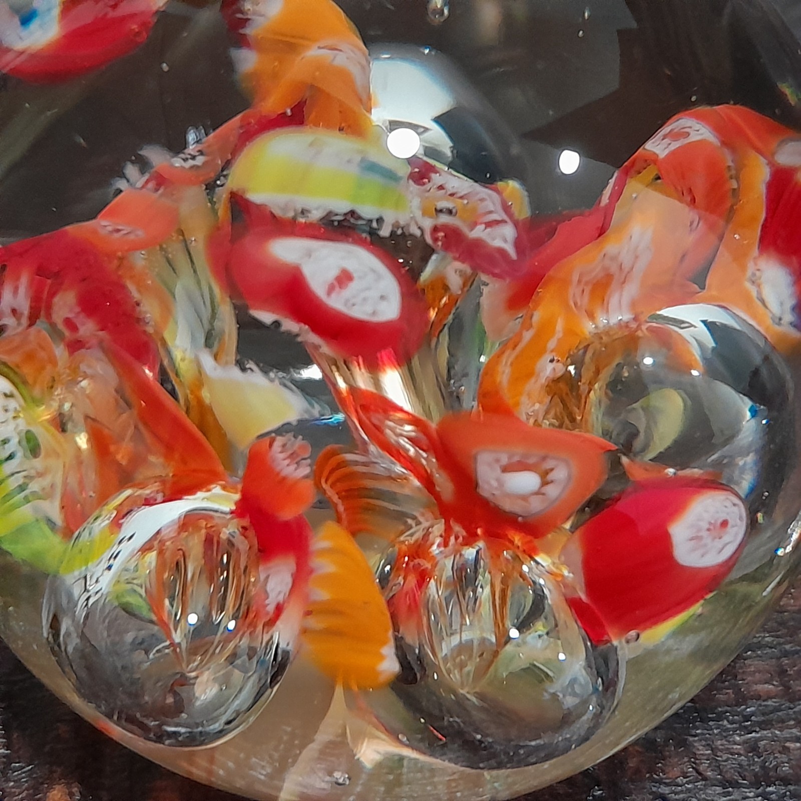 Art Glass Paperweight Round Floral Orange Yellow Red Bubbles 13oz Japan