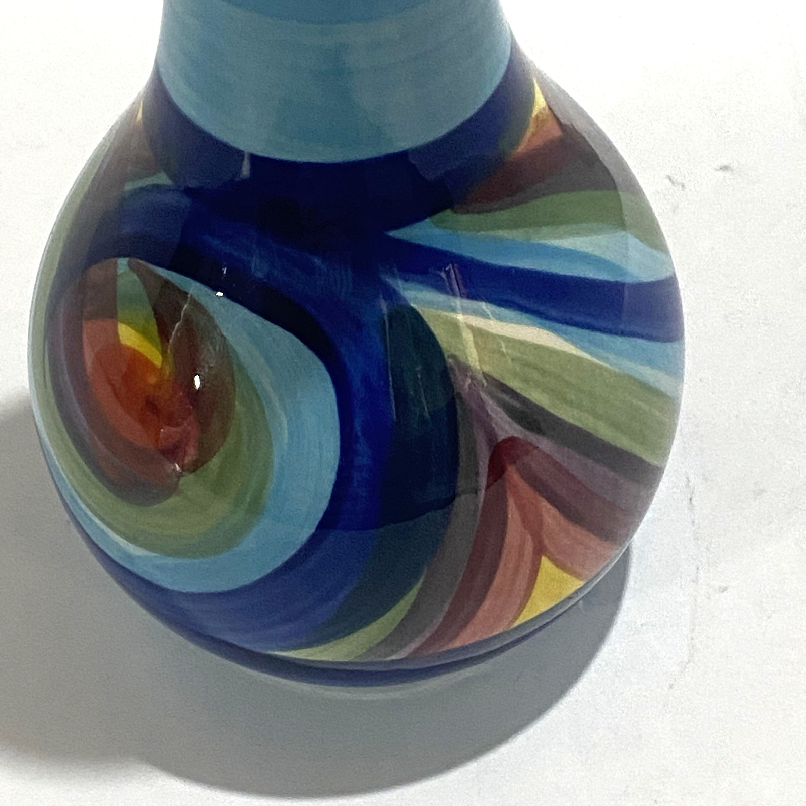 Gail Pittman Hand Painted Art Pottery Bud Vase Signed Multicolor Blue Swirl 6.5″