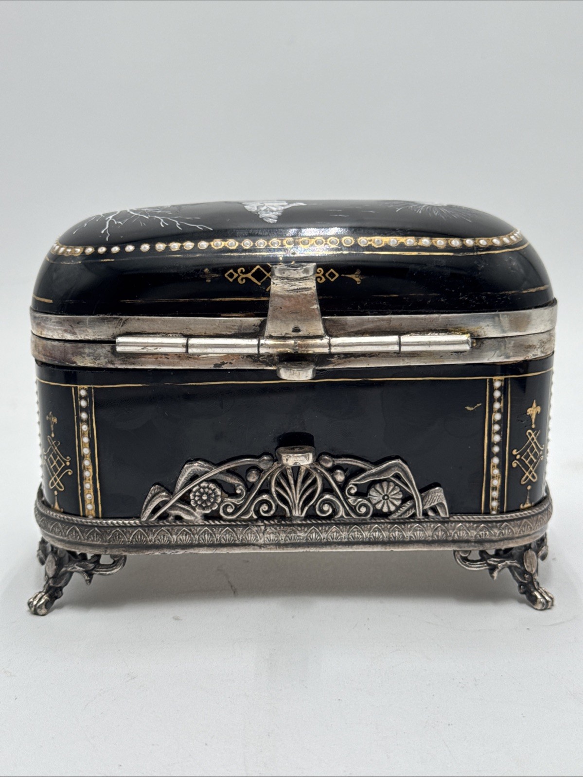 Black Opaline Glass Mary Gregory Wilcox SilverPlate Hinged Casket Box-As Found