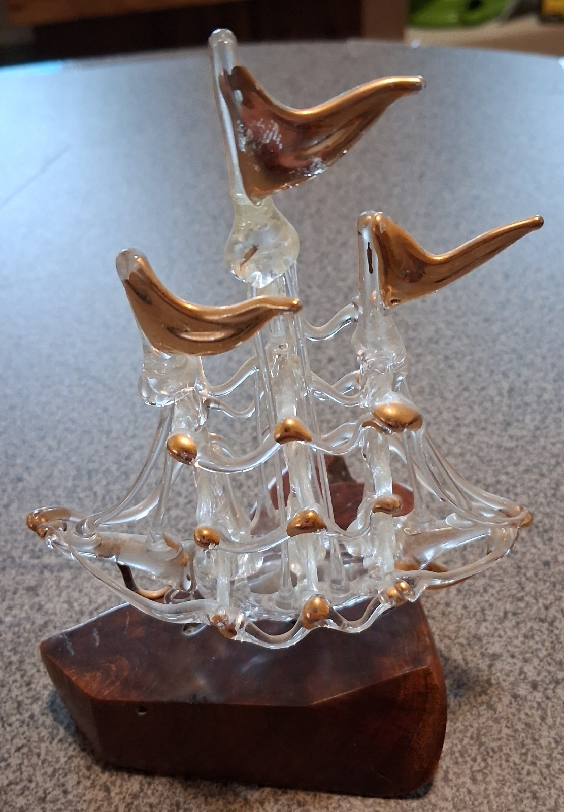 Vtg Hand Spun Blown Glass Art Nautical Sail Boat Ship mint condition Wooden Base