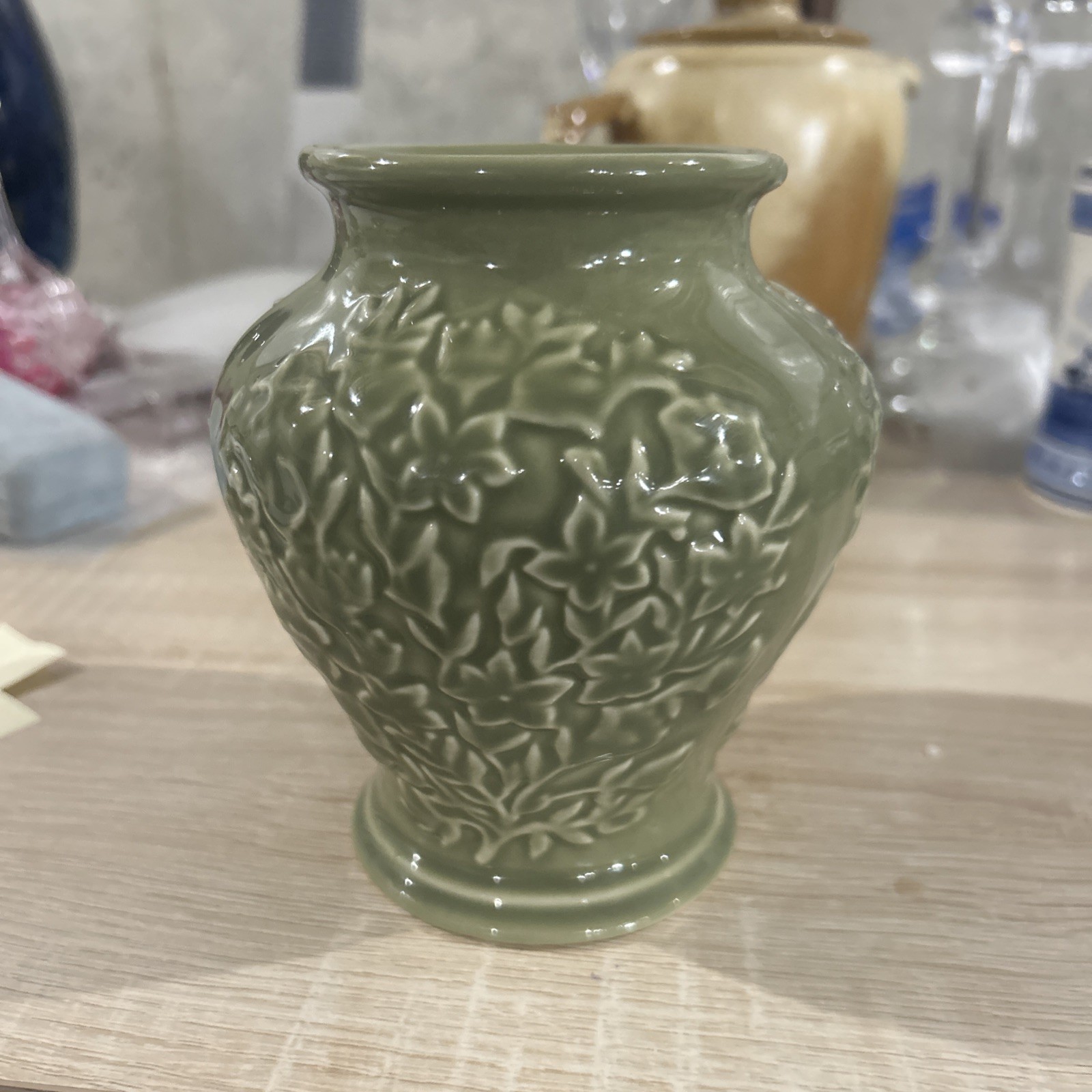 Longaberger Pottery Sage Green Floral Embossed Vase USA Made 5 3/8” Tall