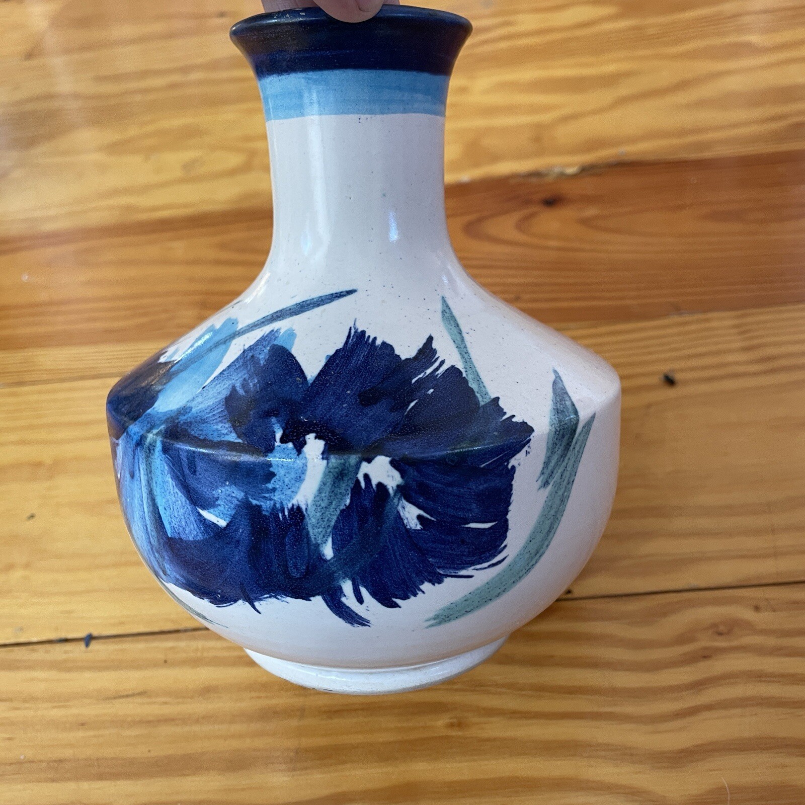 Vintage 70s Pacific Stoneware Welsh signed BLUE FLORAL design pottery vase RARE