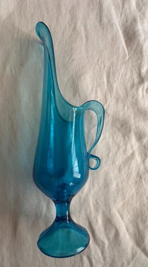 1960’s Vintage Le Smith Peacock Blue Hand Swung Ewer 16″ TALL VASE PITCHER MCM