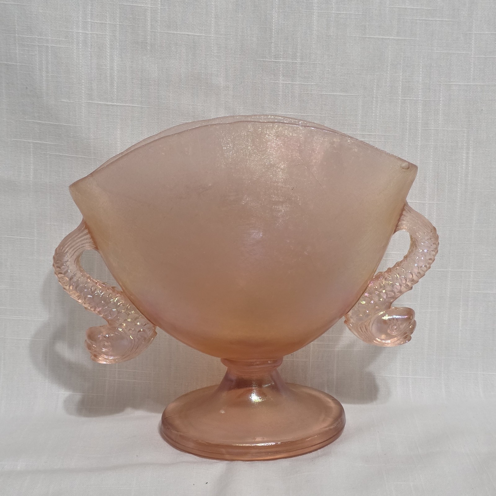 Pink Carnival Glass Fish Handle Pedestal Bowl Centerpiece Compote Dish
