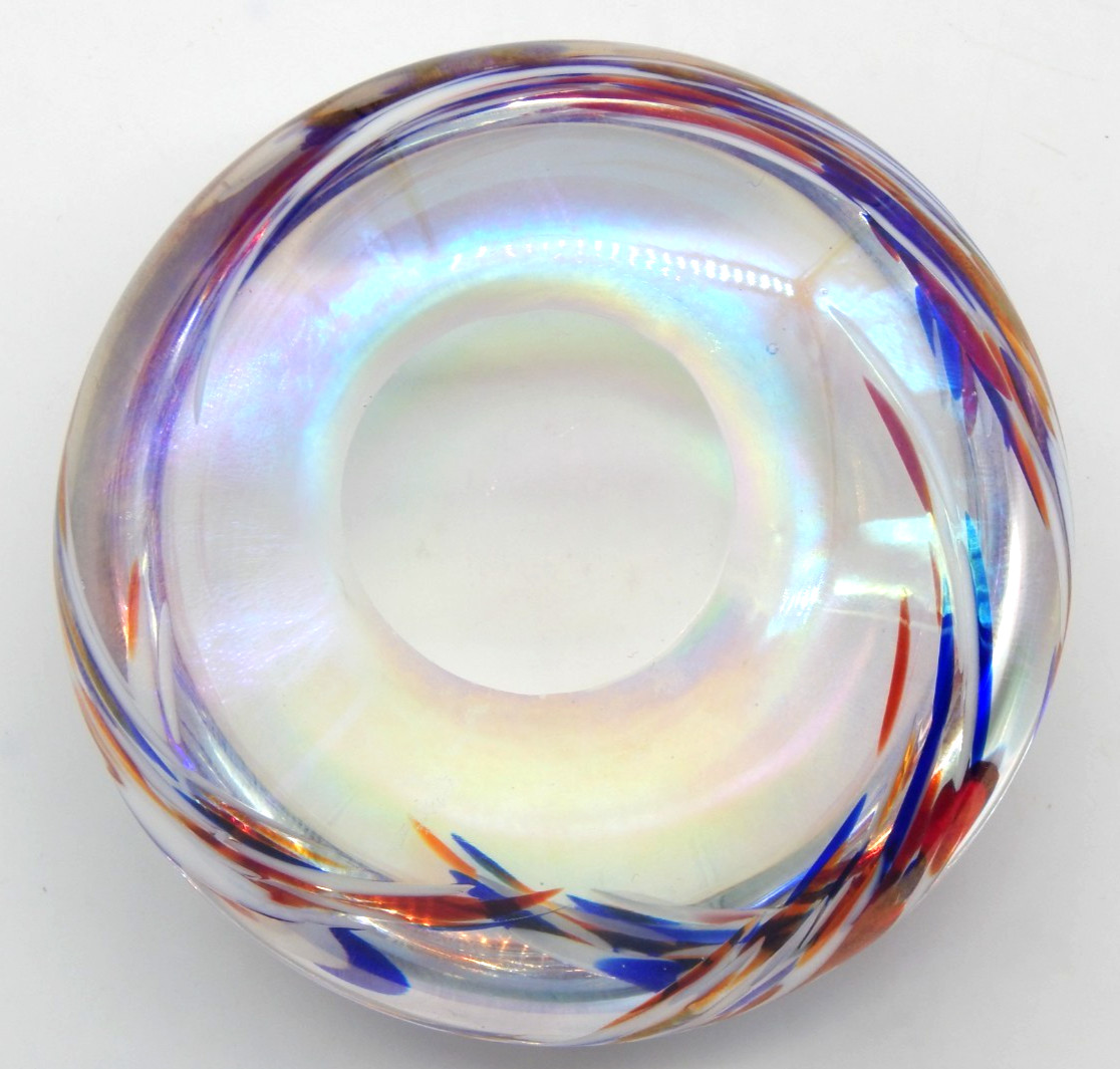 Iridescent Art Glass Paperweight Clear Dome Multicolored Swirl 4″ Decorative Orb