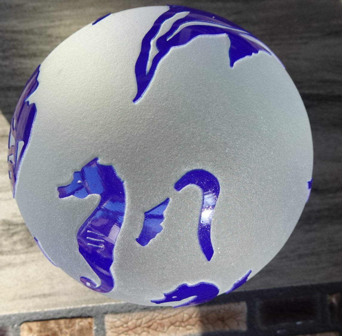 Signed Correia Cameo Acid Etched Art Glass Fish Seahorse Ocean Paperweight 1995