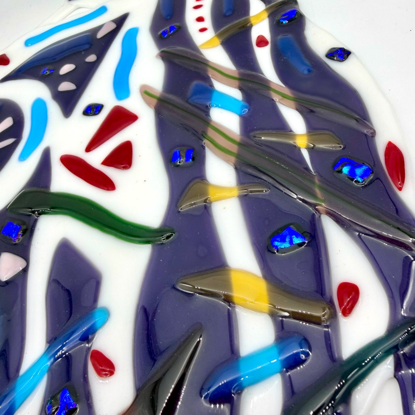 Vtg Fused Glass Wall Hanging Modernist Abstract Face Geometric Blue Dichro 15”