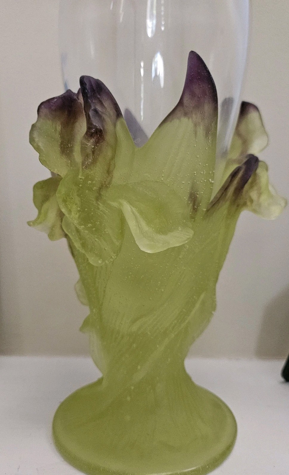 Daum Crystal Iris Vase Pate de Verre Purple & Green, France, Excellent Condition