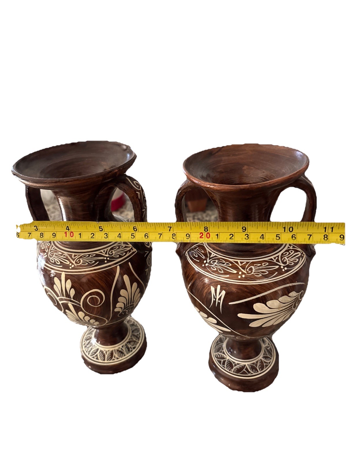 Vintage Mid-Century Greek Art Pottery 9.5” Vase Set Amphora Shaped Wood Glazed