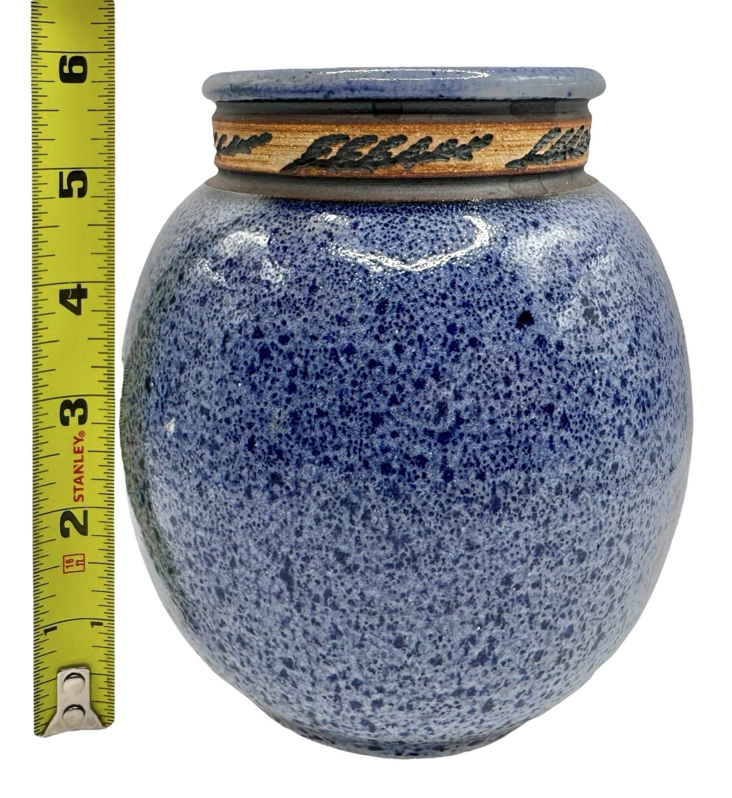 Signed Studio Art Pottery Vase Planter Pot Blue Speckle Cyprus Needles Tree 6”