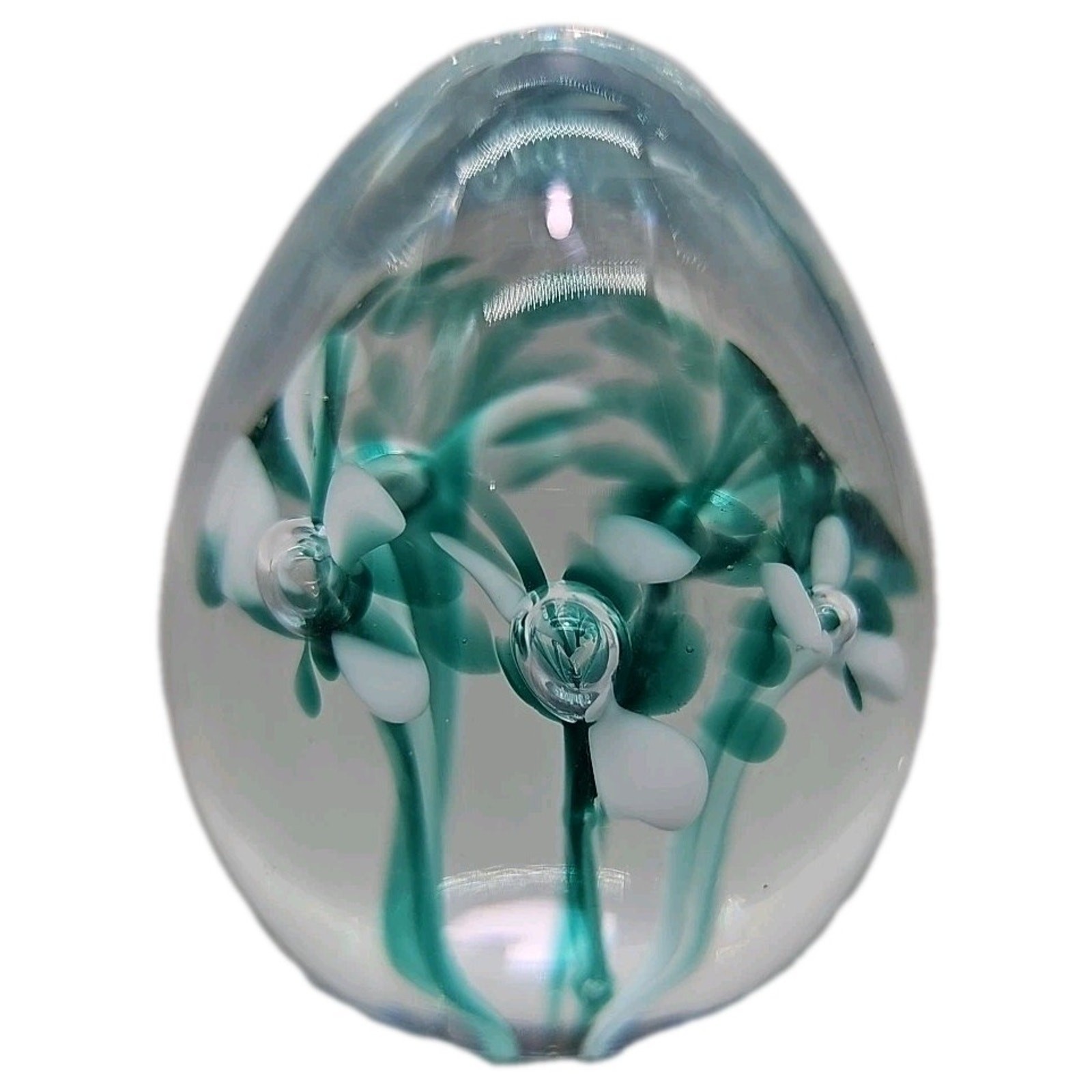 Gibson • 1996 • Green & White Flower Egg Shaped Glass Paperweight [121]