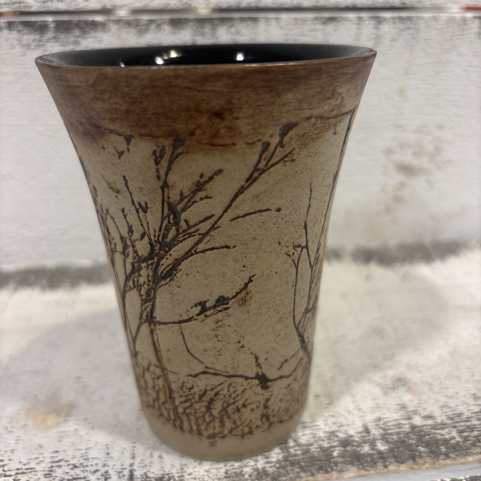 Malaysia Handicraft Tenmoku Floral Abstract Tree Bud Vase 4.25”