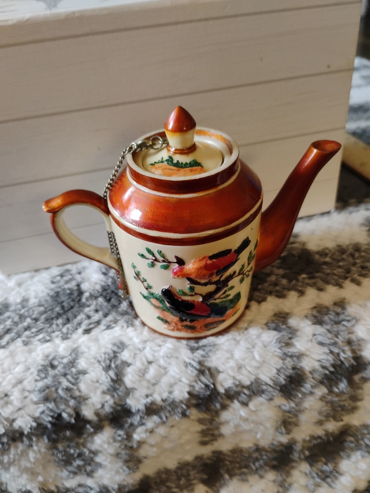 VTG Nini Miniature Teapot Hand Painted Birds 3D Colorful Ceramic Porcelain