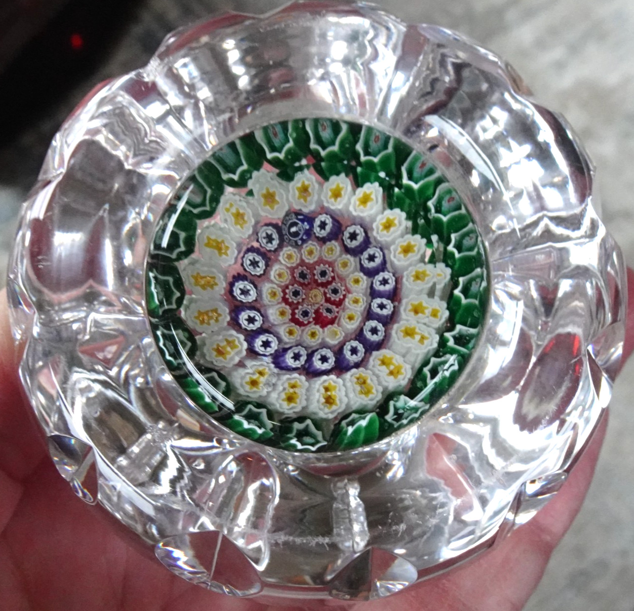 1974 Whitefriars England Faceted Millefiori Art Glass Paperweight Monk Cane