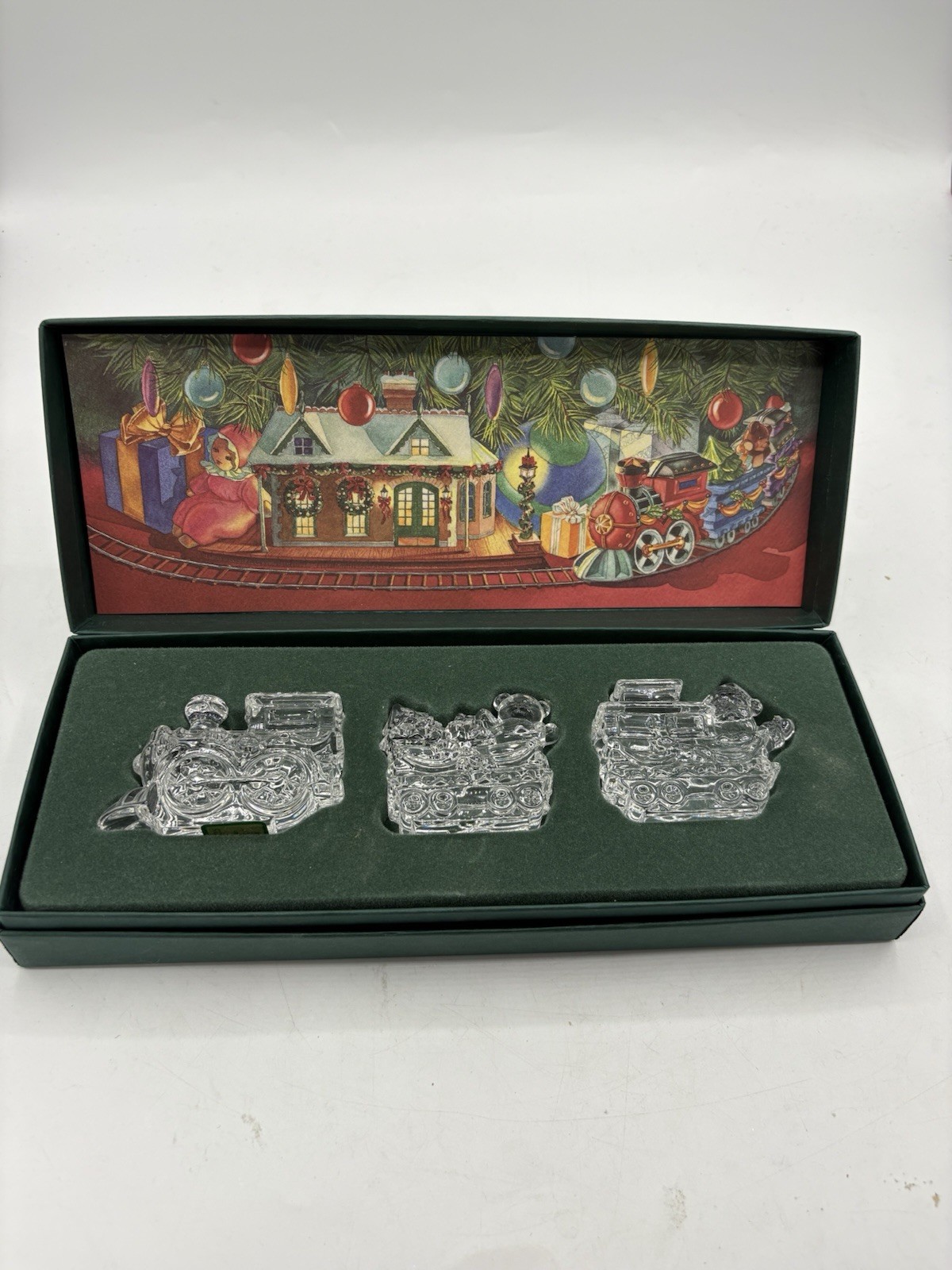 MARQUIS Waterford Glass Crystal Christmas Train Set 3 Pc 1998 Rare Vintage w Box