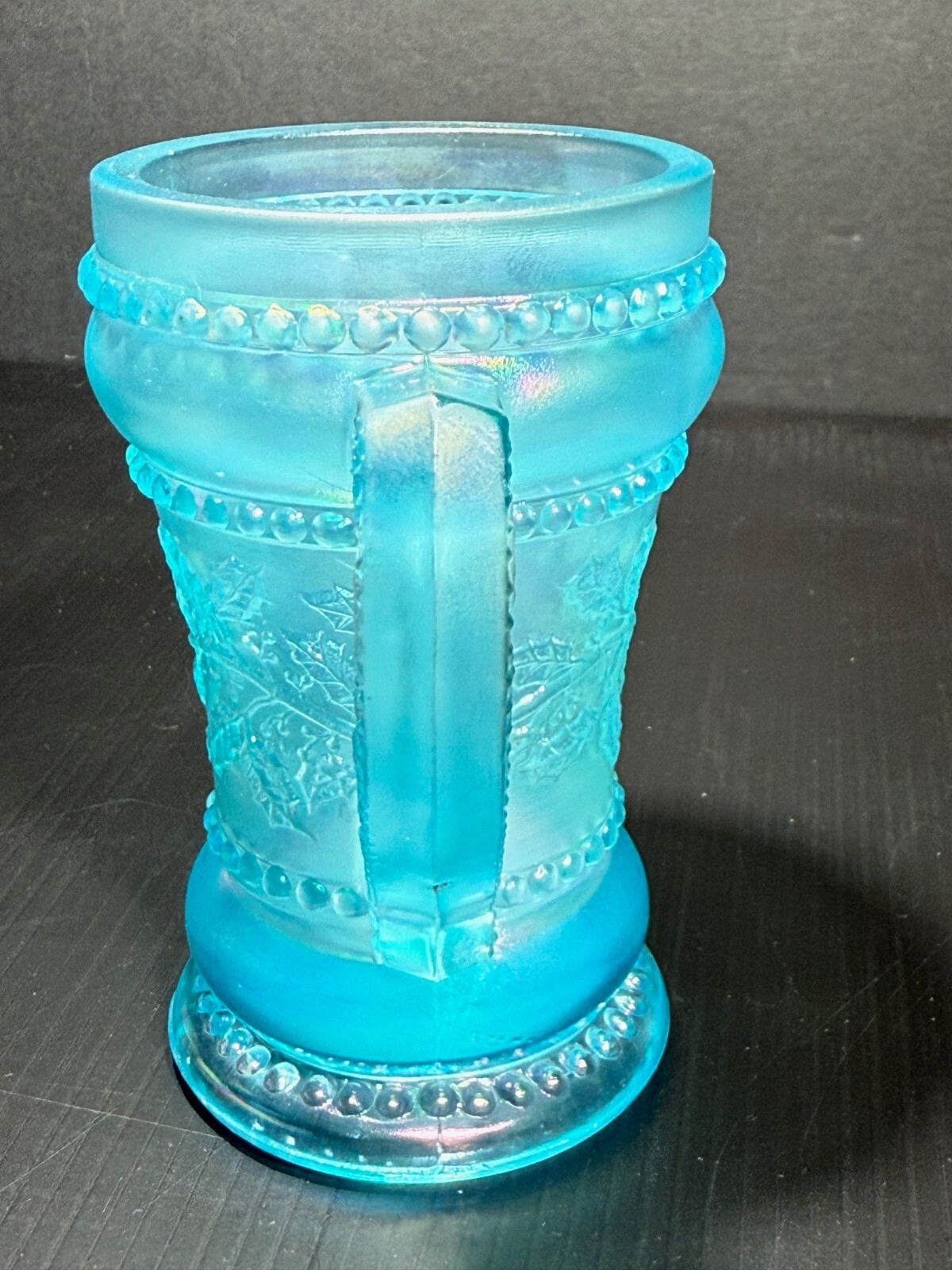 Vintage Joe St Clair Iridescent Beaded Holly Berry Band Blue Mug loc 4767