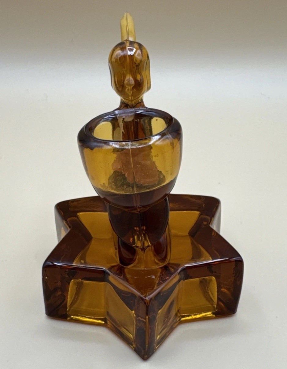Vintage L.E. Smith Amber Glass Angel Star Taper Candle Holder Christmas
