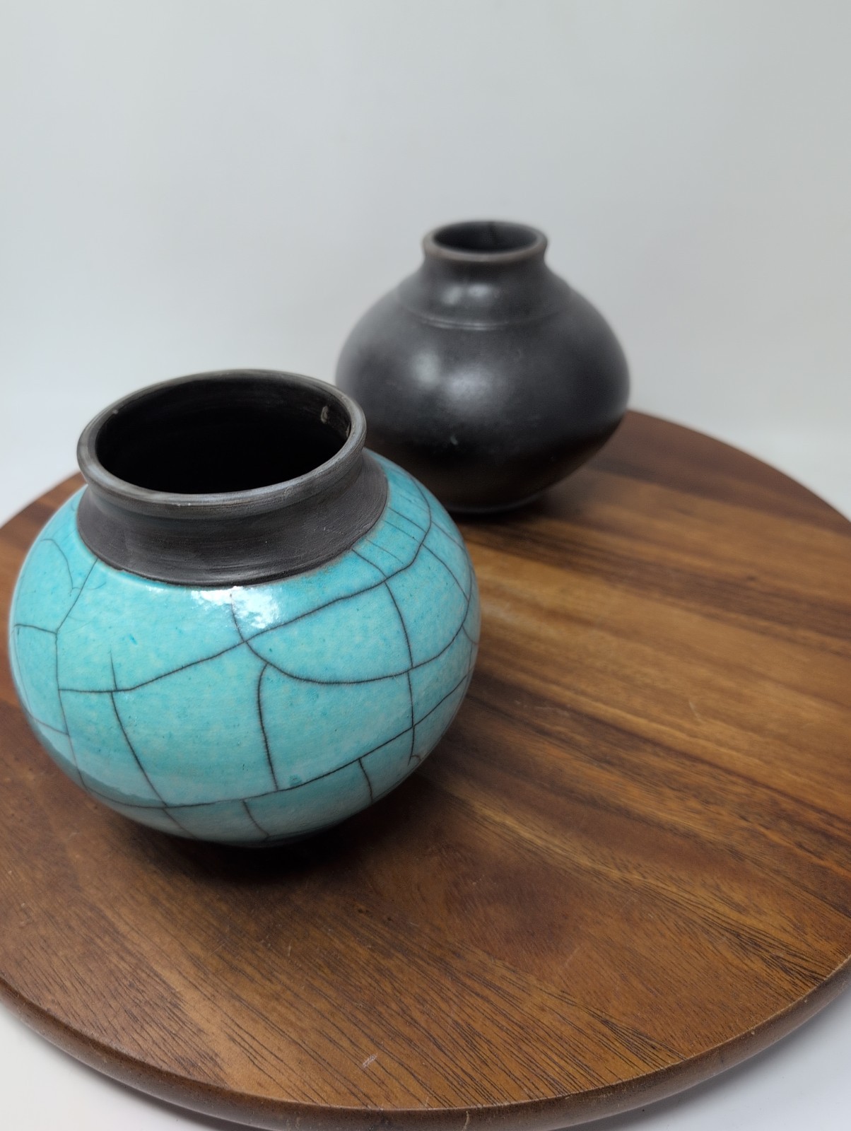 Lot Of 2 Raku Studio Pottery Signed 1 Turquoise 1 Crackle Gray
