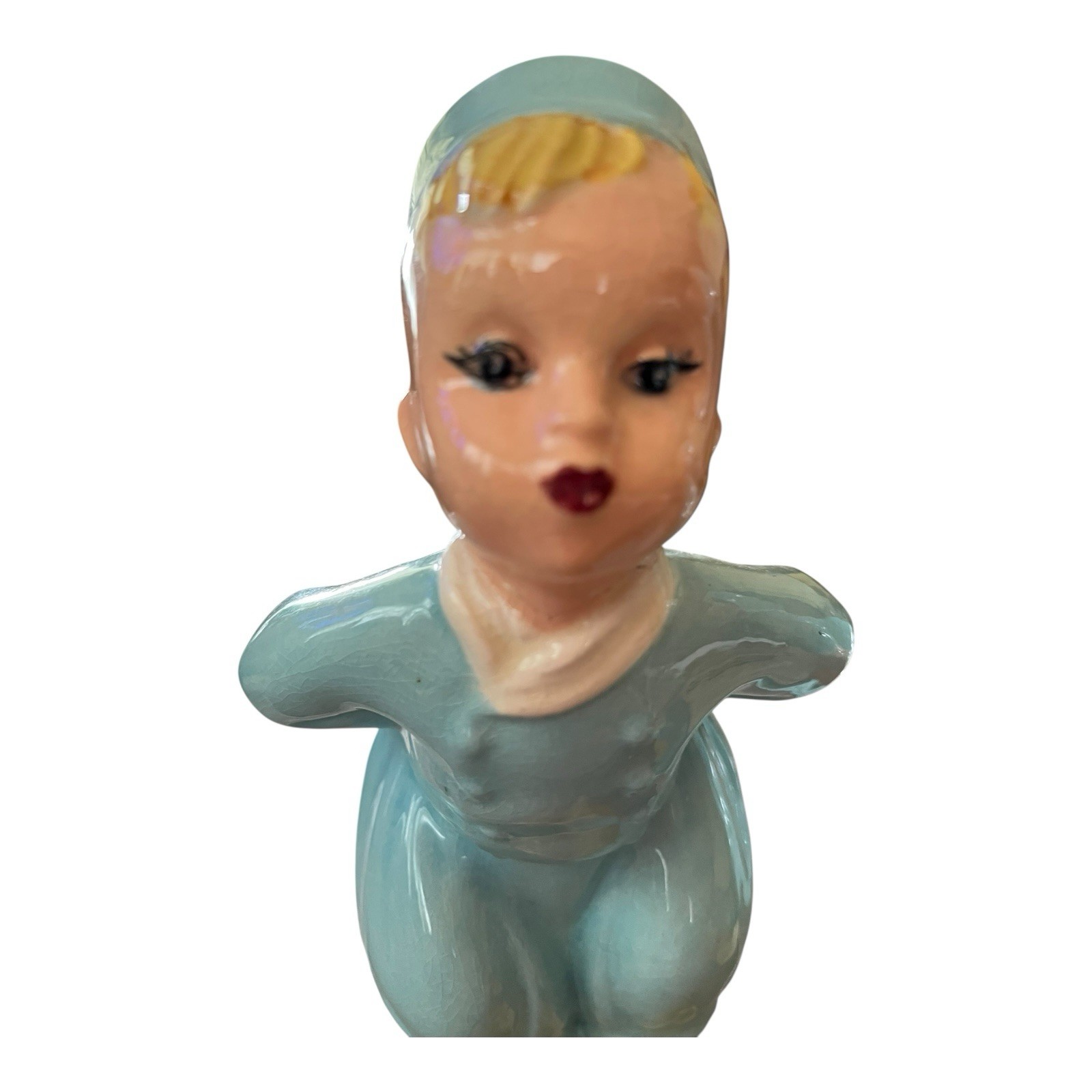 Kissing Dutch Figurines Hand Painted Signed MCM Ceramic USA Blue 6” Tall Vtg