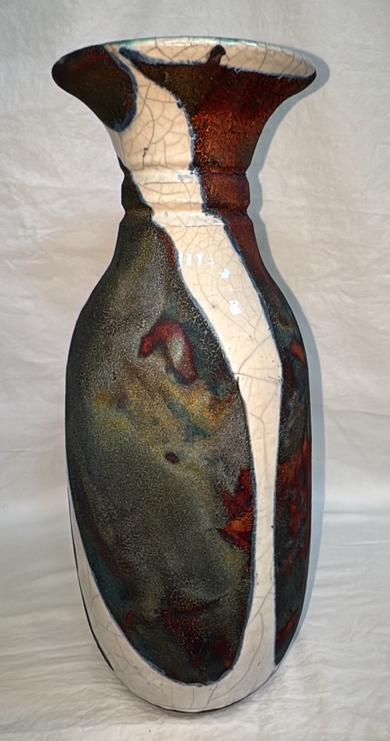 Vtg Scott Wilson 2004 Vibrant Peacock Colors RAKU 13.5” Vase Signed by Artist