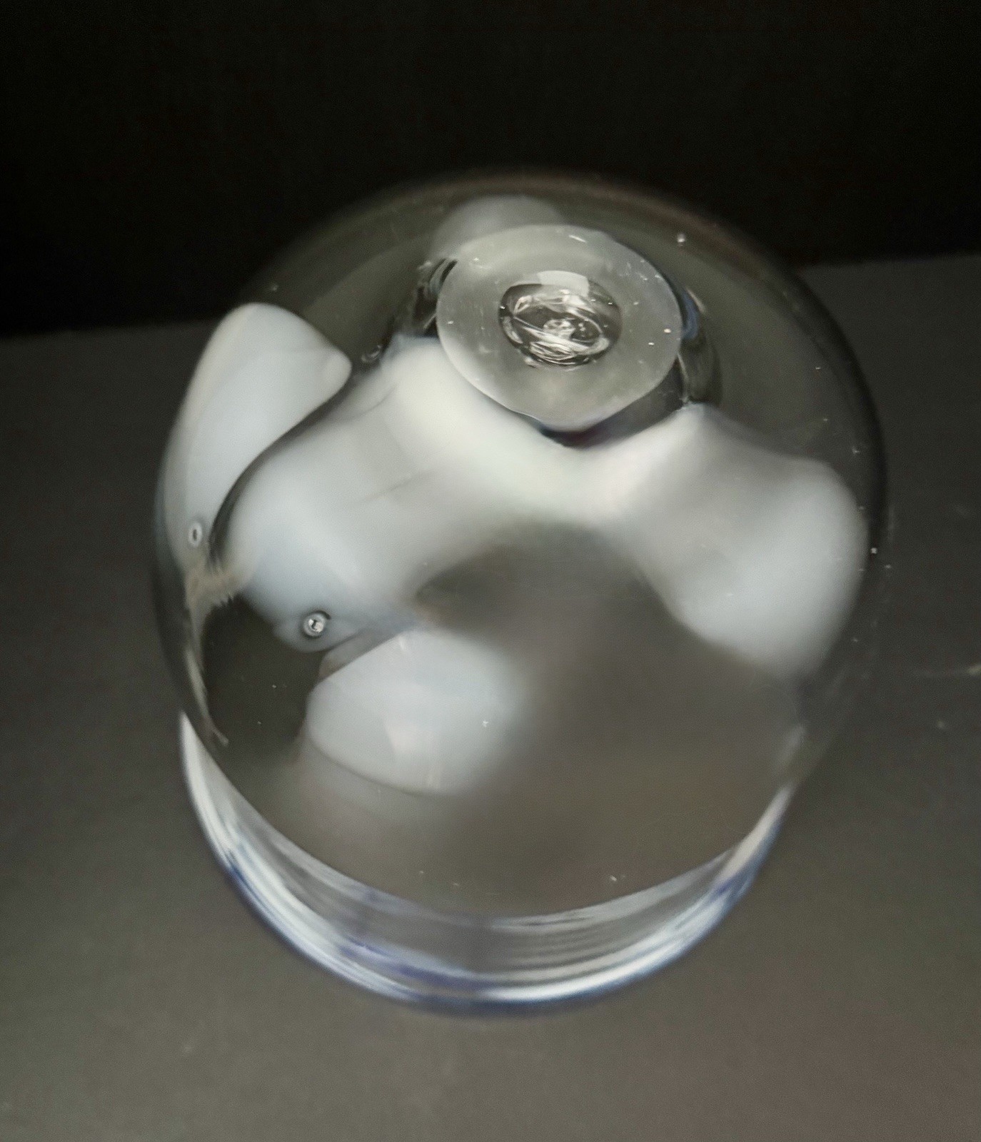 Hand Blown Studio Art Glass Bowl White Cloud Inclusions Cobalt Rim Sculptural