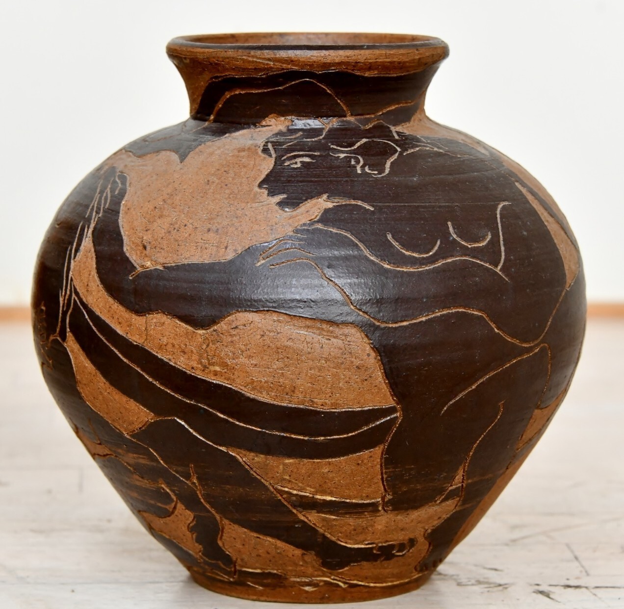 1960s Ceramic Handmade Etched ANCIENT GREEK STYLE Pottery Vase JUG Signed AHO