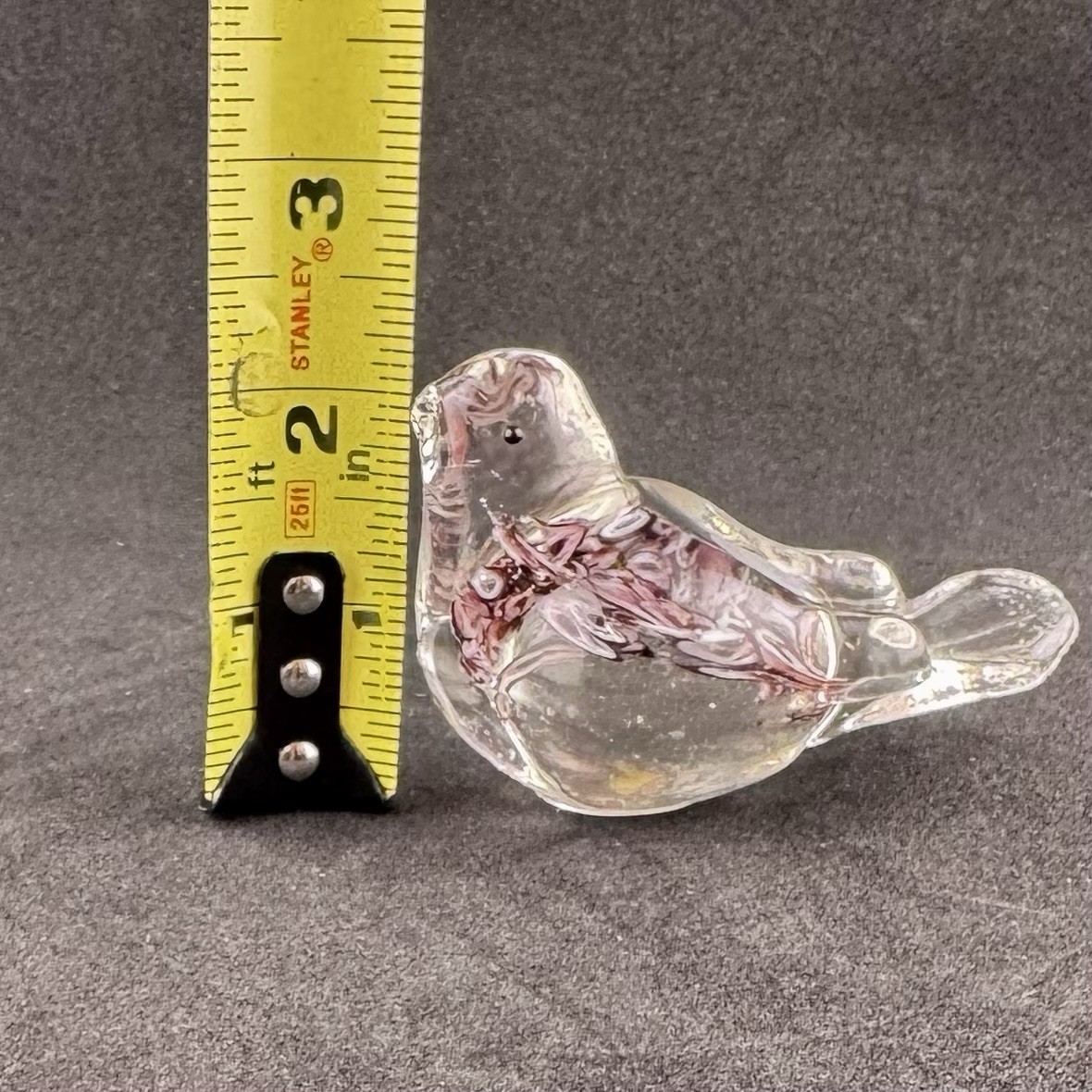 Small Art Glass Bird Figurine Clear With Burgundy Swirls 2.25in By 3in Chickadee