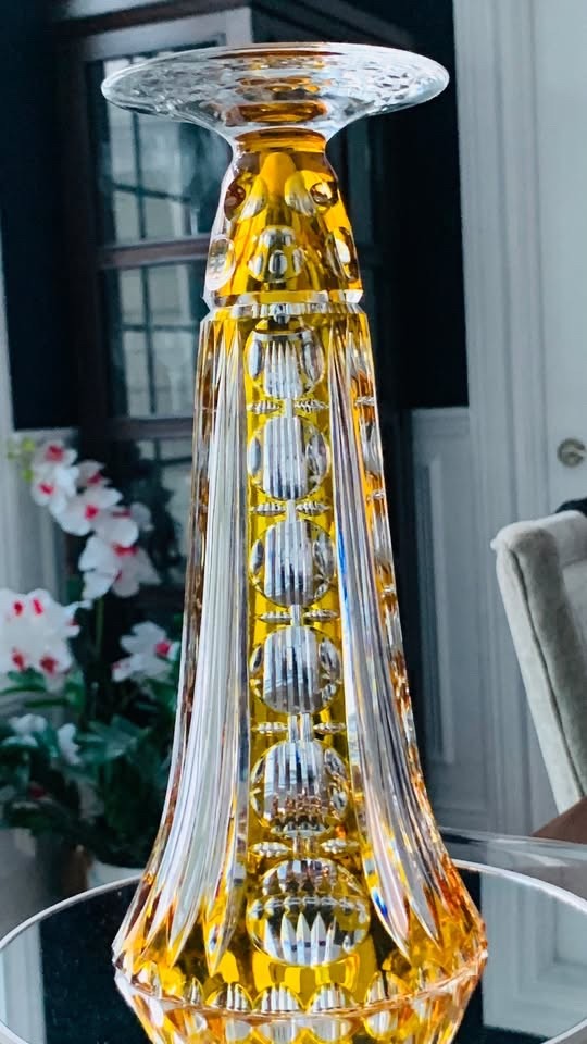 Vintage Nachtmann Crystal Trumpet Vase in Citrine; 10.5″ Tall; Made in Germany