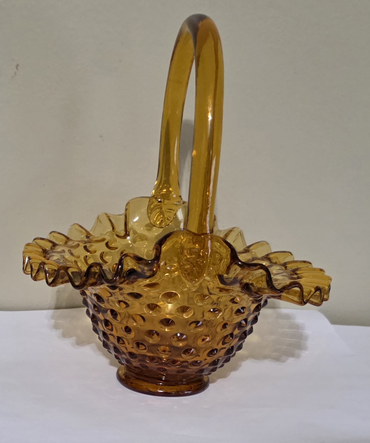 Vintage Fenton Basket Hobnail Ruffle Handle 8″ Tall Amber Art Glass Candy Dish