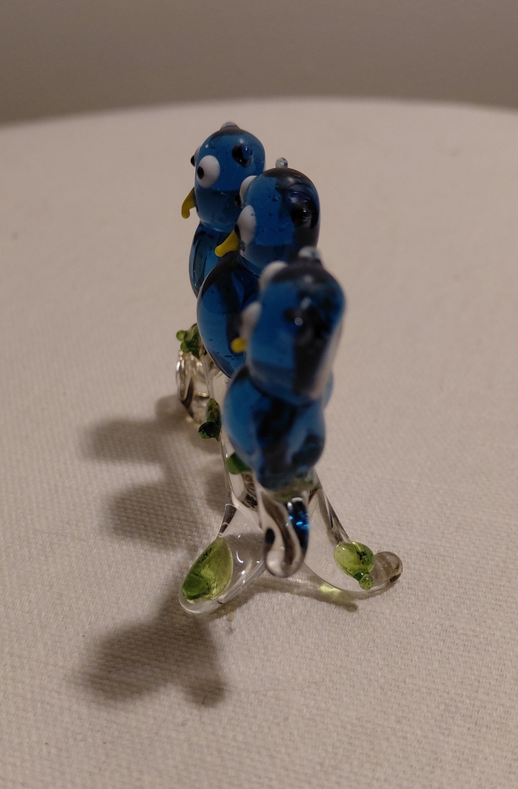 Vtg Hand Blown Art Glass Owls Perched On A Branch Blue Flamework