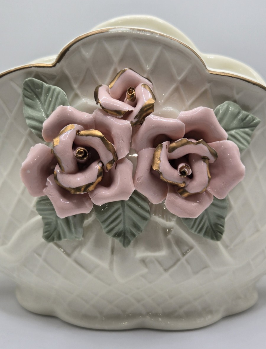 Ceramic Basket Vase Planter Raised Roses Scalloped Rim Diamond Design w/ Handles