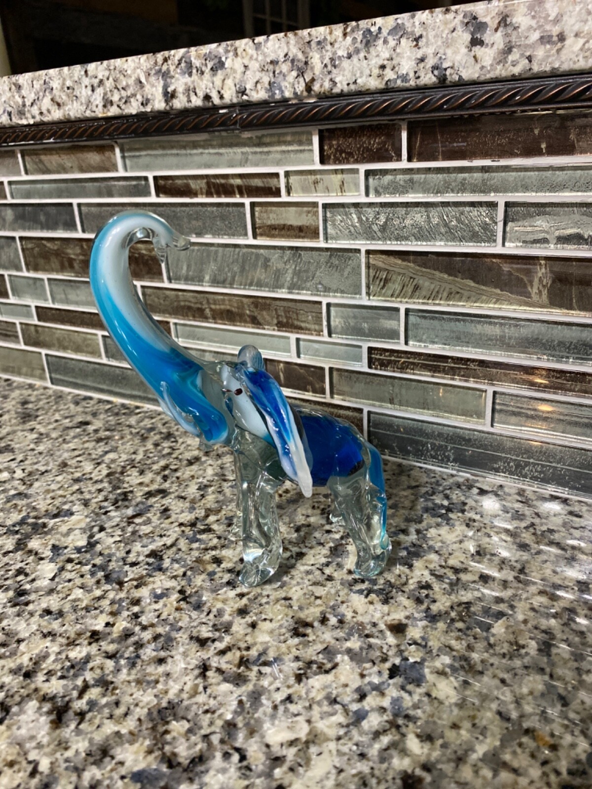 Vintage Hand Blown 6.5” Tall Heavy Art Glass Trunk Up ELEPHANT. Clear And Blue.