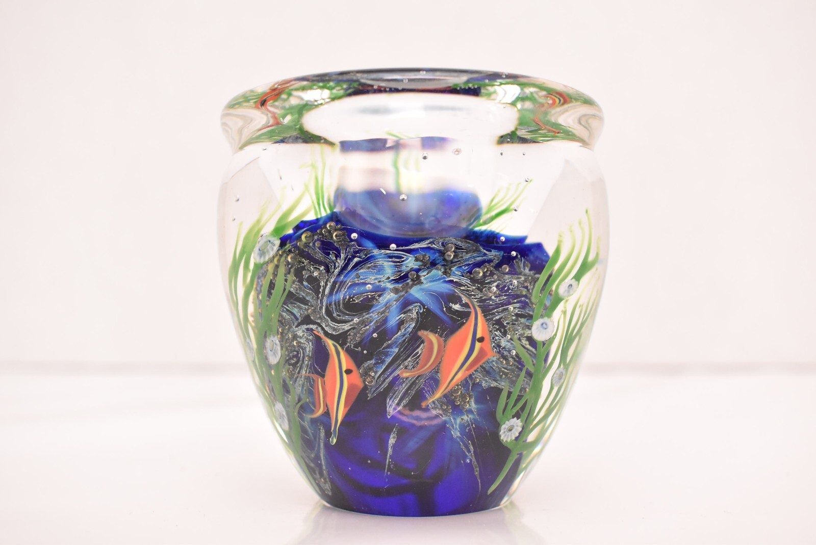Vintage Zellique Studio Signed Art Glass Aquarium Angel Fish Paperweight Vase