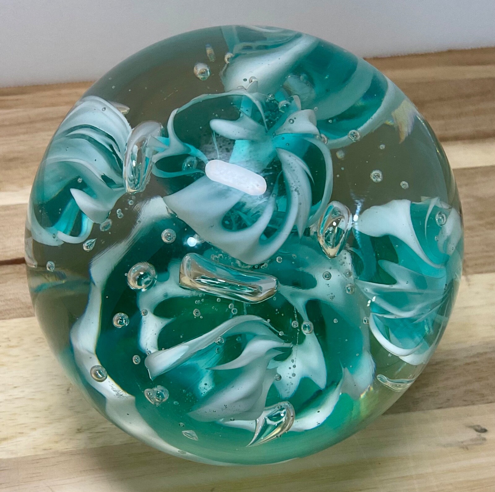 Large Art Glass Paperweight -Aqua/Clear/White 3.5” Heavy Desk Tabletop Decor
