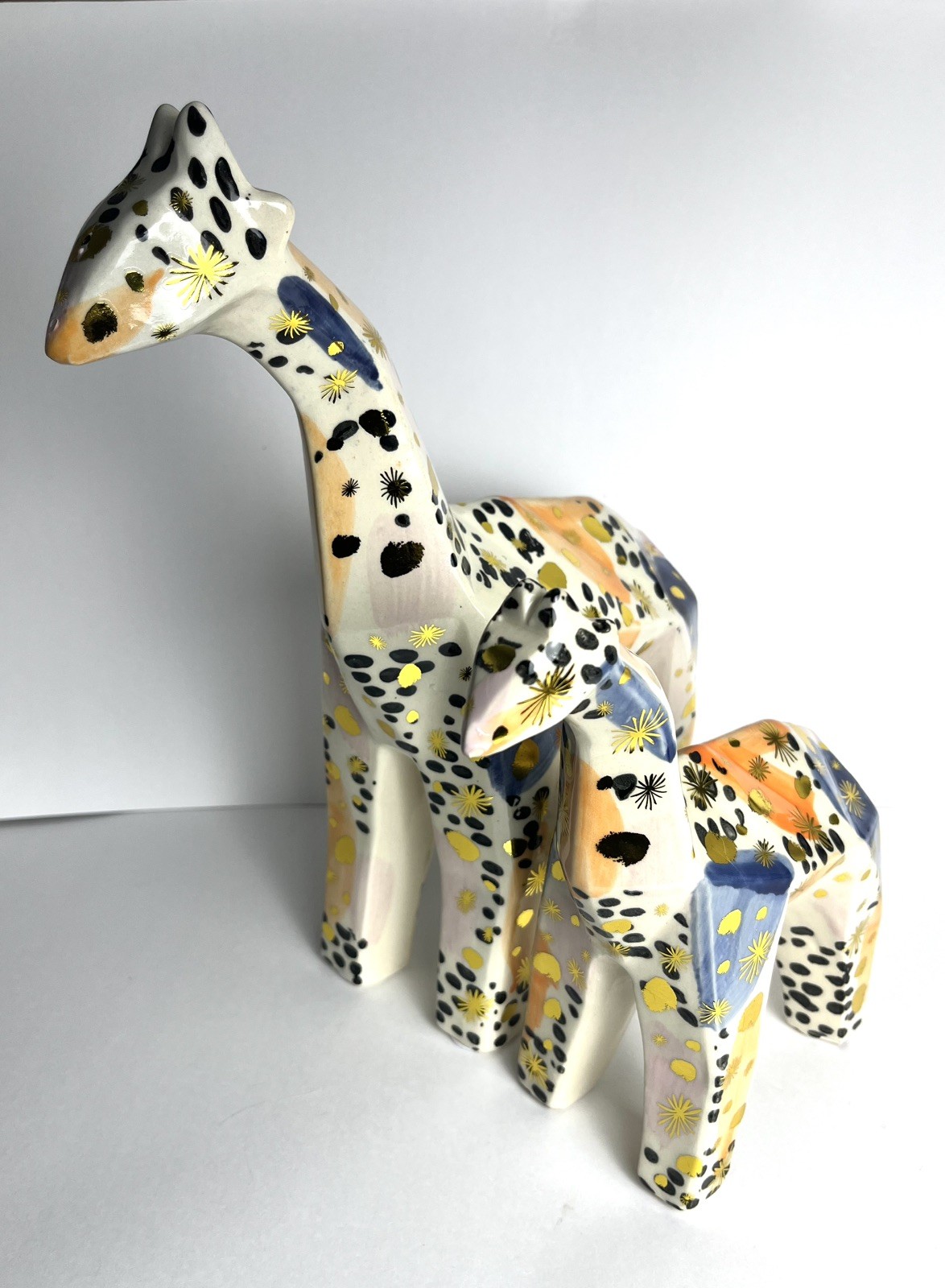 Pier 1 Vintage Giraffe Figurines Mid Century Cubist Geometric Mom / Dad & Baby