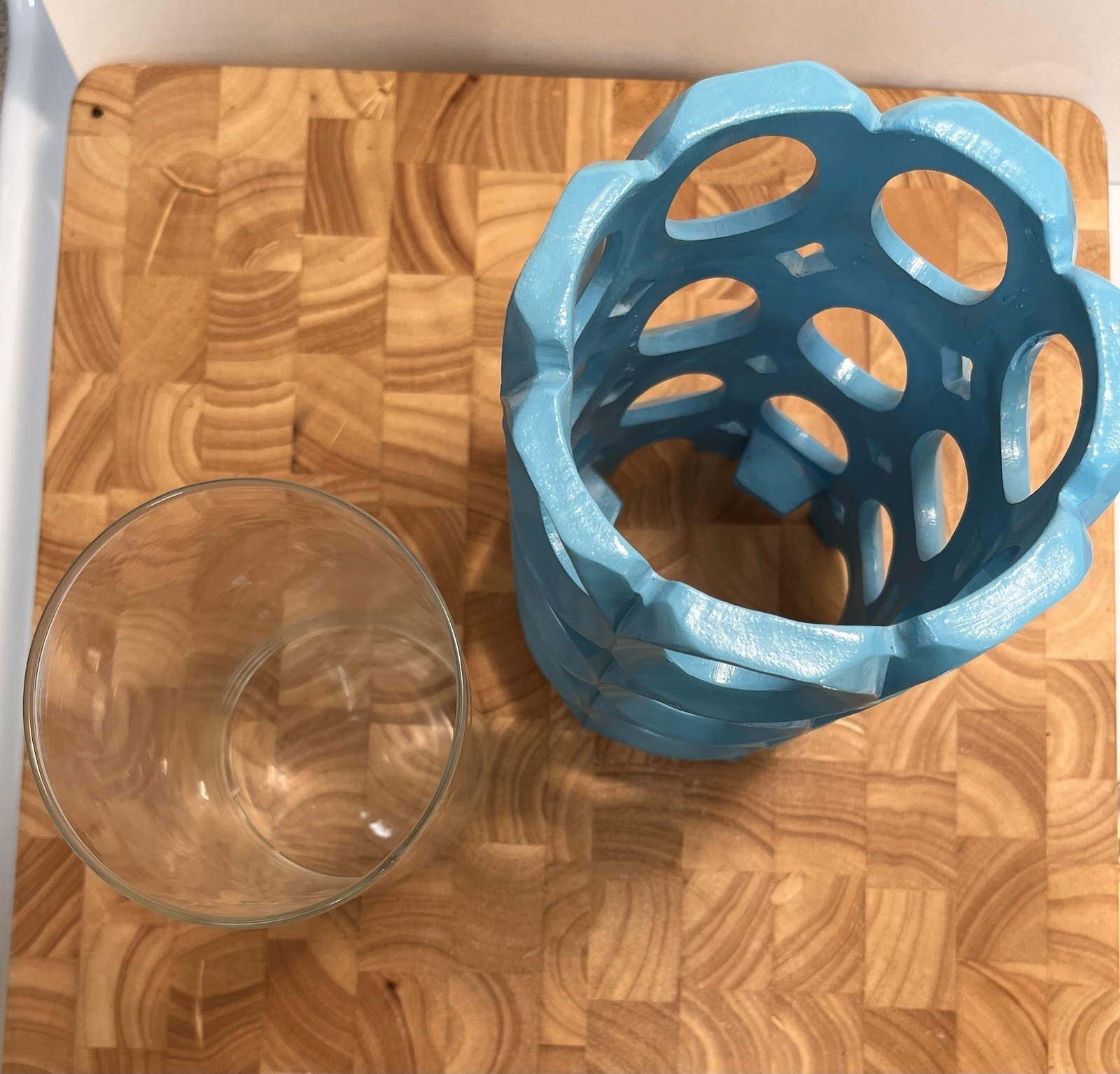 Blue Geometric Decorative Ceramic Vase with Glass Insert, 8″ x 4″. Candle holder