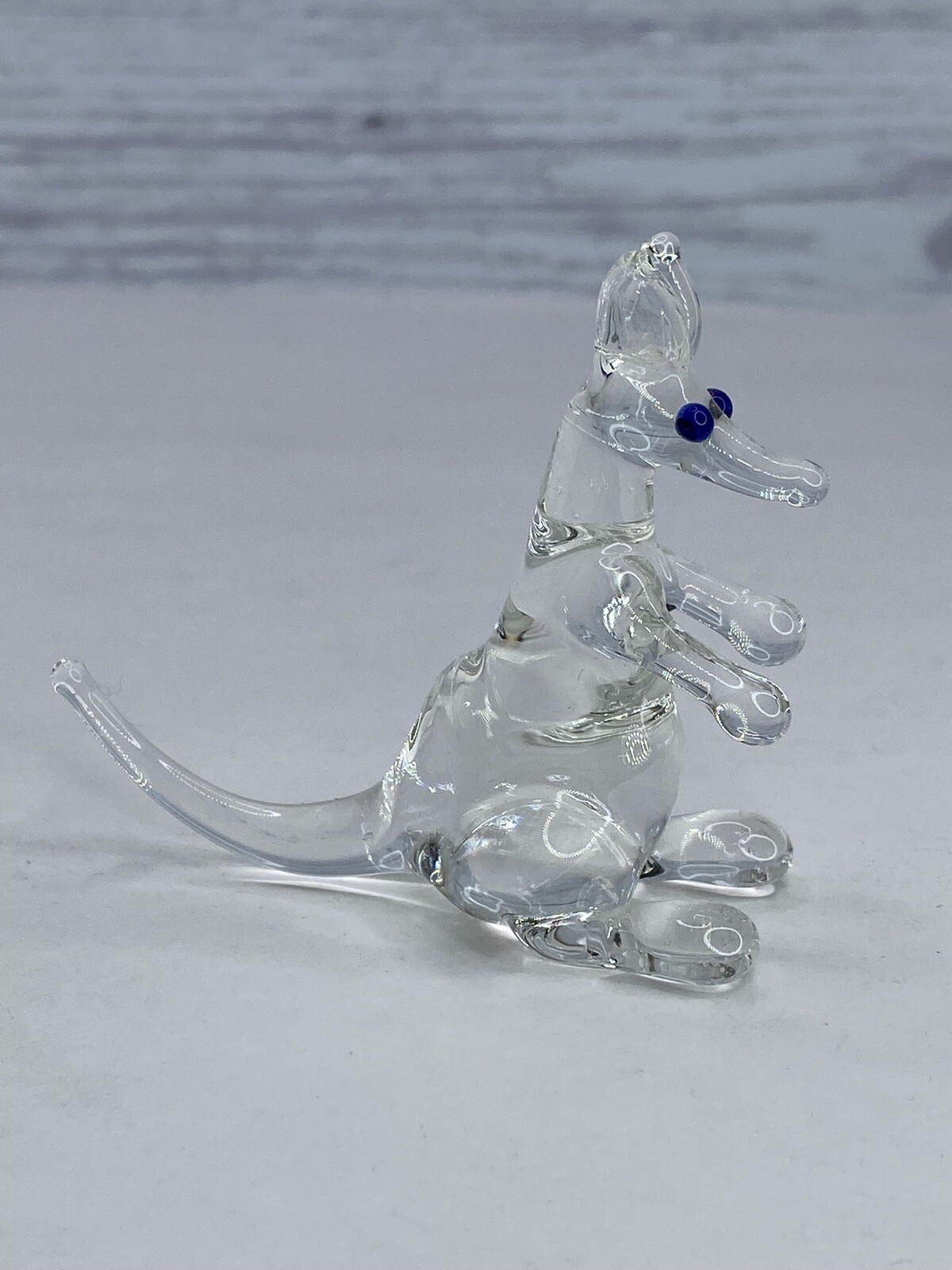 Vintage Hand Blown Art Glass Kangaroo Clear Blue Eyes 3”