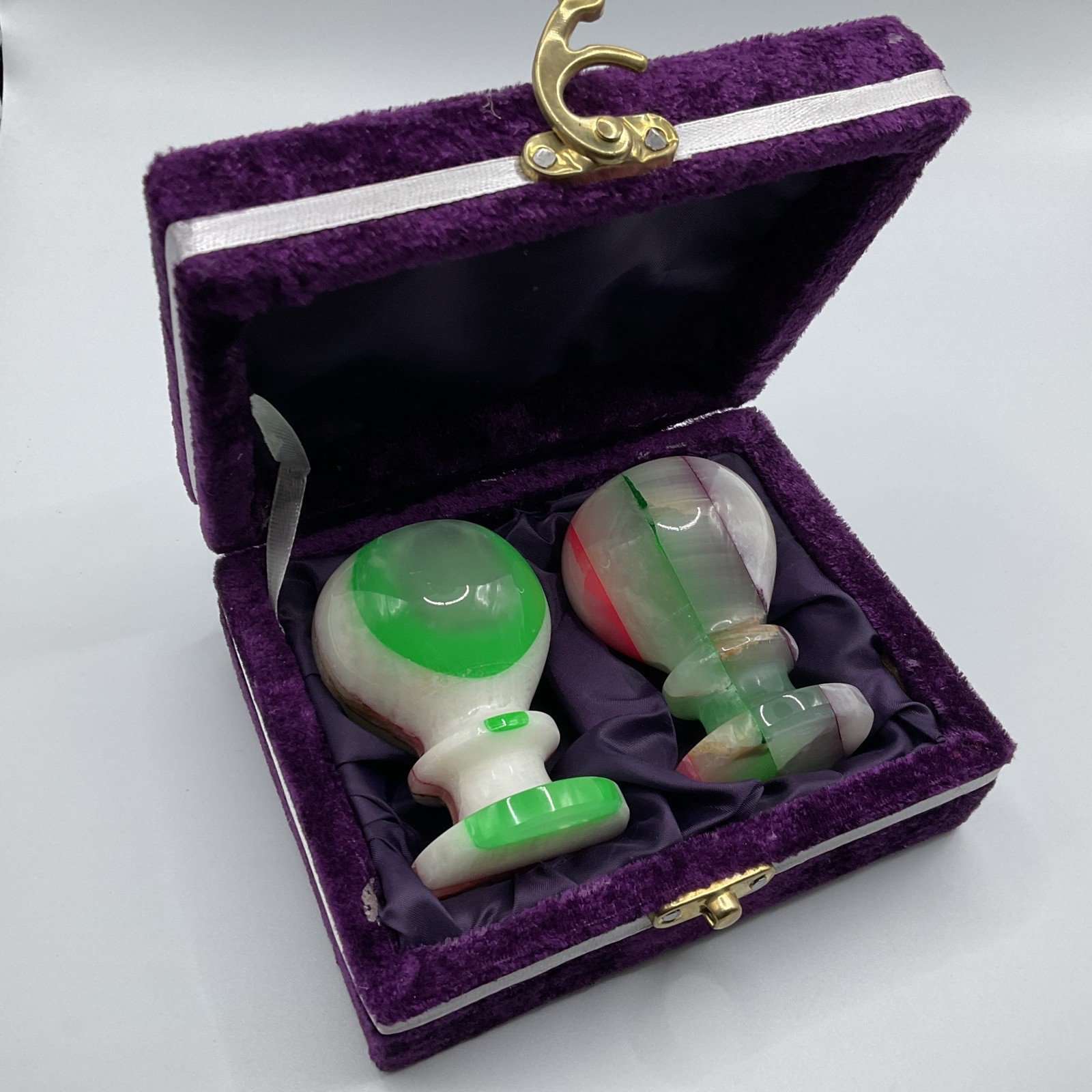 Pair MINI Opaline Art GLASS GOBLETS UV Reactive Uranium Cadmium Glow Boxed 3”