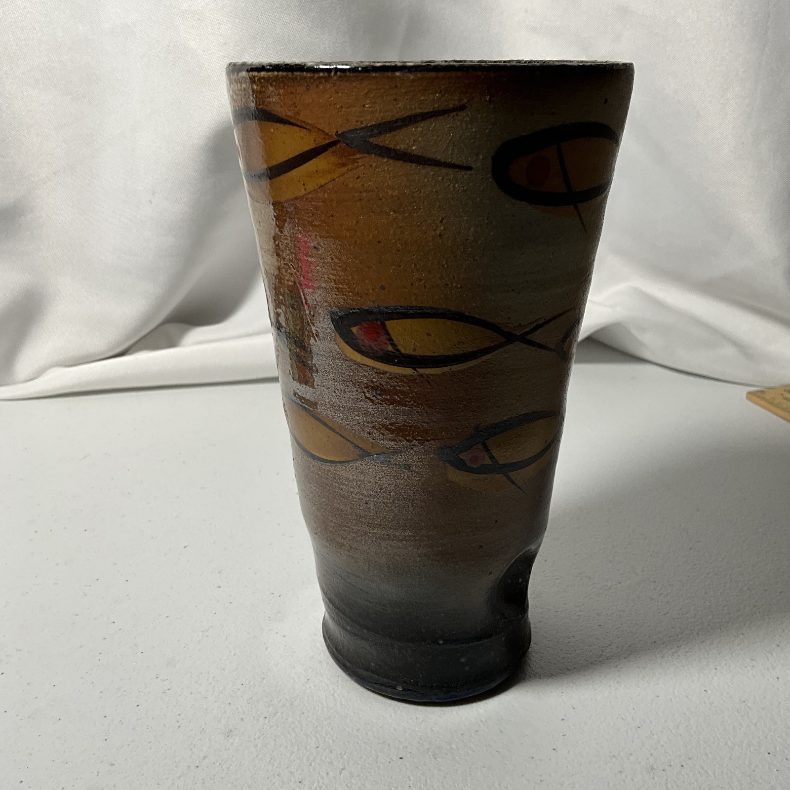 Handmade Studio Art Pottery Vase Rustic Fish Pattern Earth Tones 7″ Tall Vessel