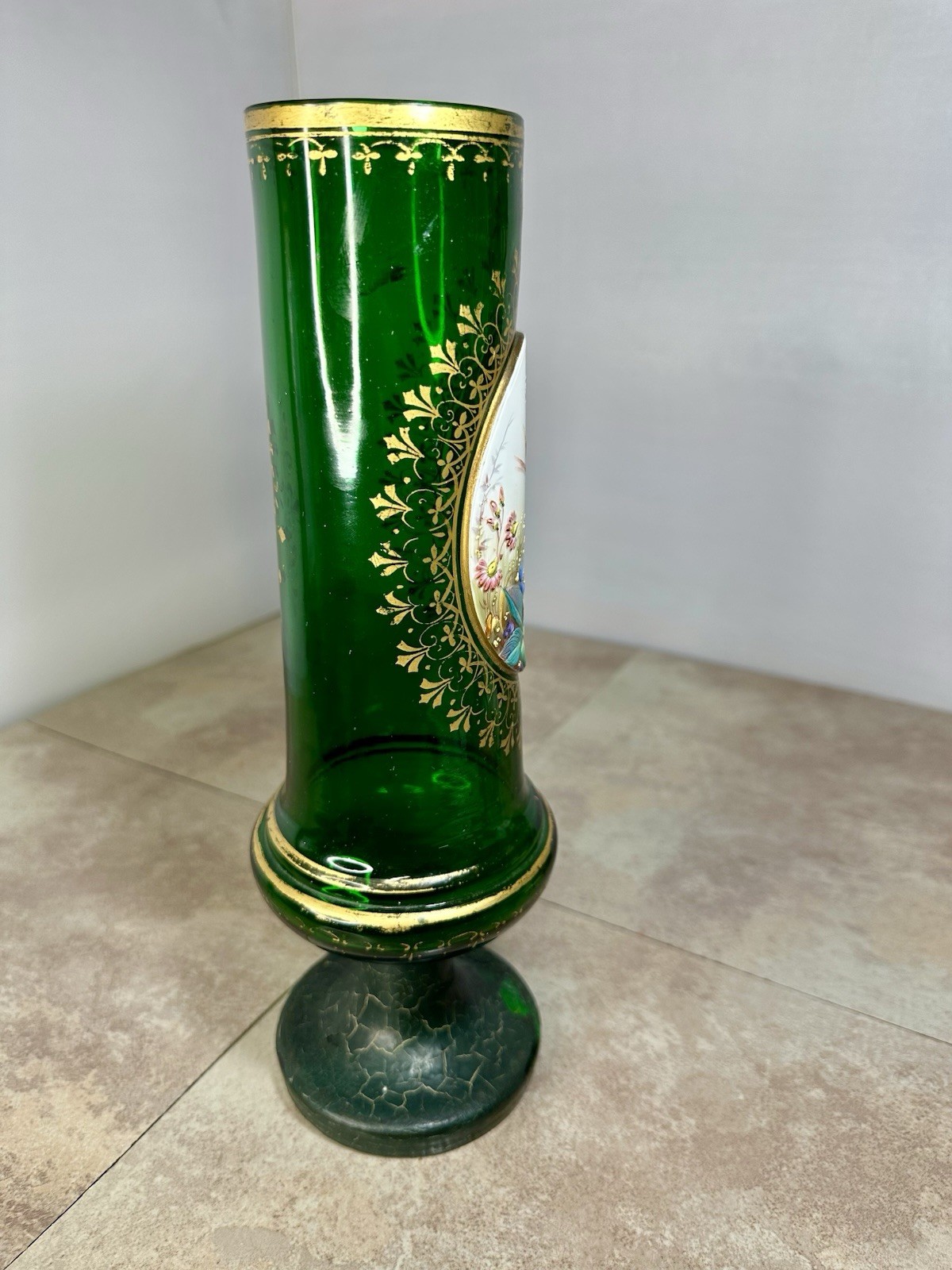 Antique 19th C Moser Green Glass Bird & Flowers Gold Gilt Vase Applied Porcelain