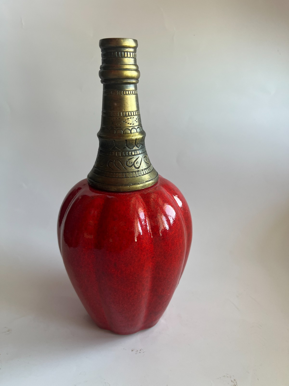 Vintage Red Ceramic Vase Brass Neck India Decorative Mid Century Style